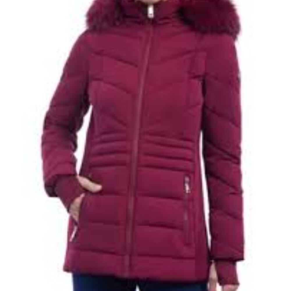 Michael Kors Women's L Burgundy Puffer Faux Fur Trim Thumbhole 2 Pocket Coat NWT